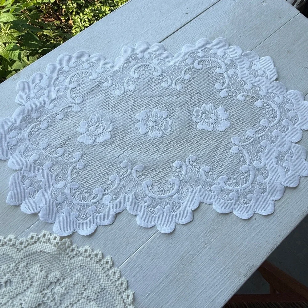 Vintage White and Cream Lace Doily Set Floral Scalloped Table Decor 2 Pieces